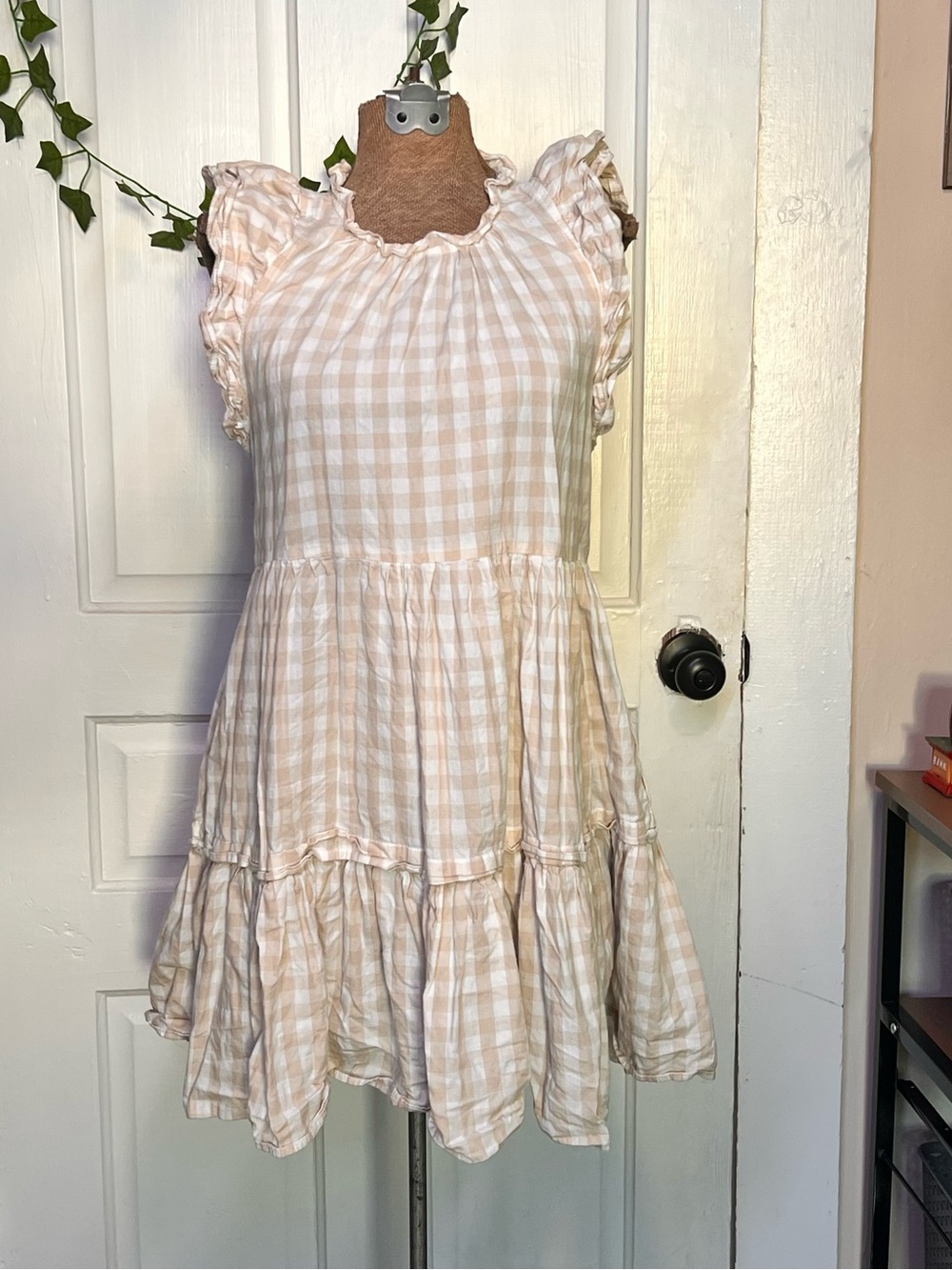 Olivaceous Soft Beige Gingham Ruffle Dress